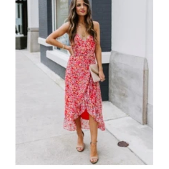 VICI Spring Showers Floral Ruffle Wrap Midi Dress